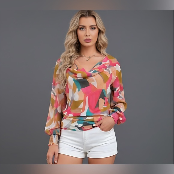 Chiffon Draped Neck Graphic Print Top - Picture 1 of 5